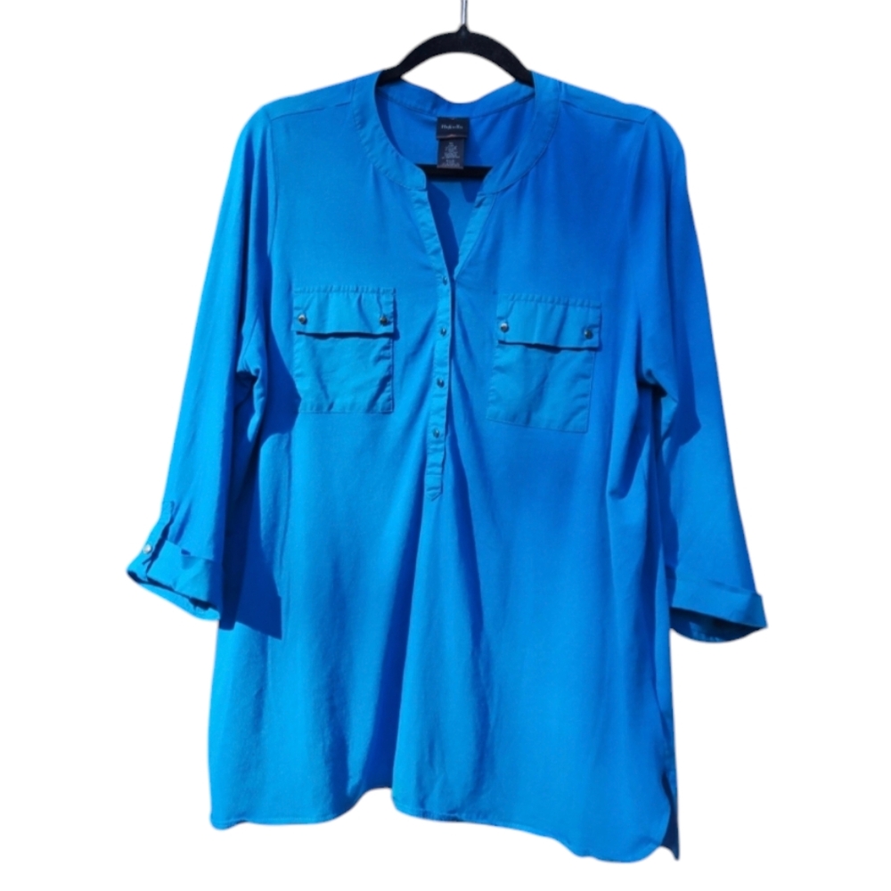 Caribbean Blue Stretchy Blouse, 3/4 Sleeves, Sz XL, EUC
